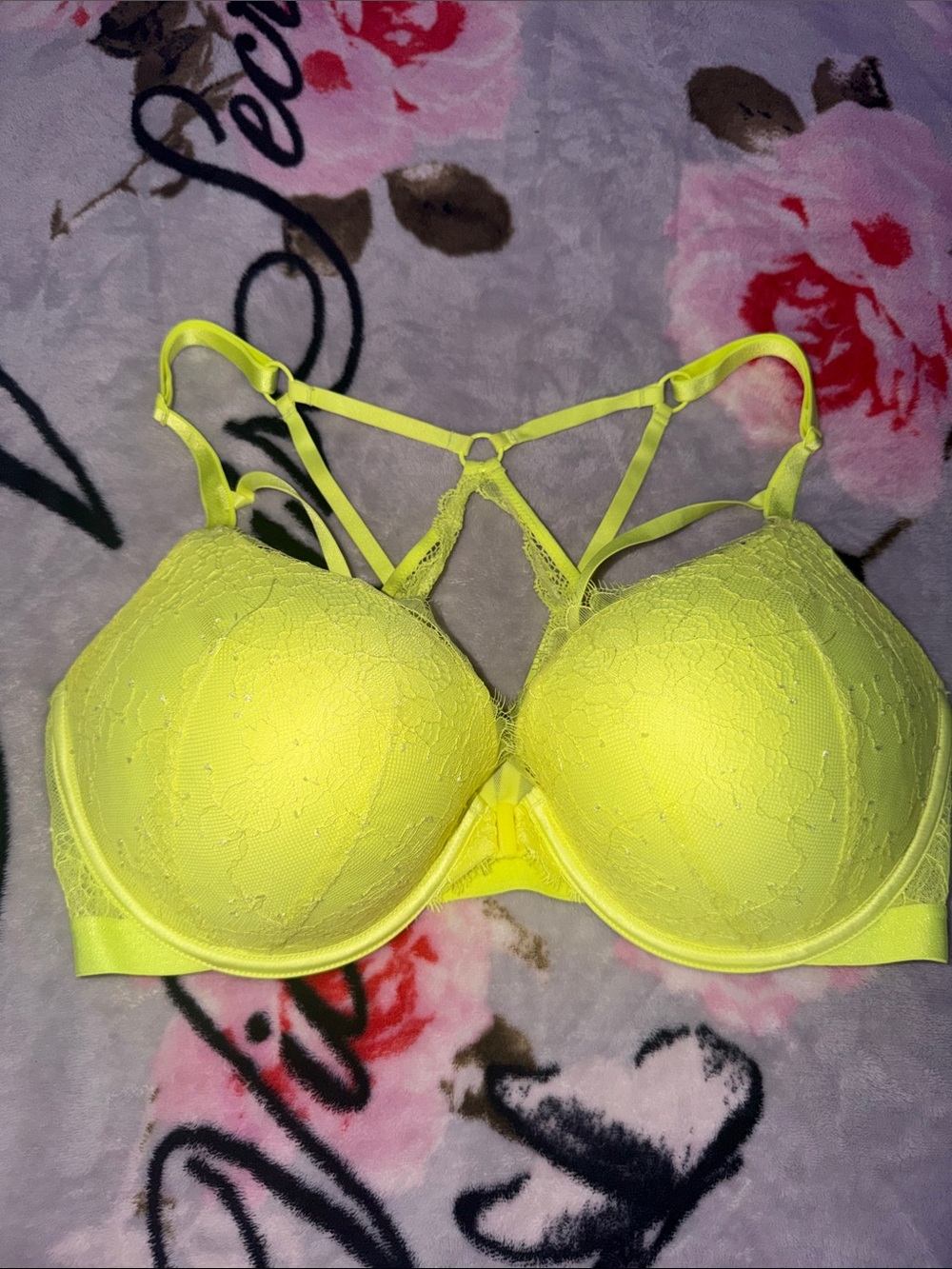 Victoria's Secret Neon Yellow Lace Push-Up Bra with Strappy Back Detail